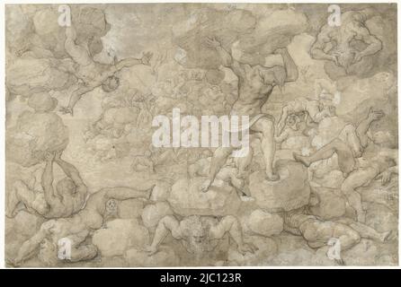 Design pour une impression, The Fall of the Giants, dessinateur: Pieter Coecke van Aelst (I), Giulio Romano, (rejected attribution), 1540 - 1544, papier, stylo, brosse, h 275 mm × l 408 mm Banque D'Images