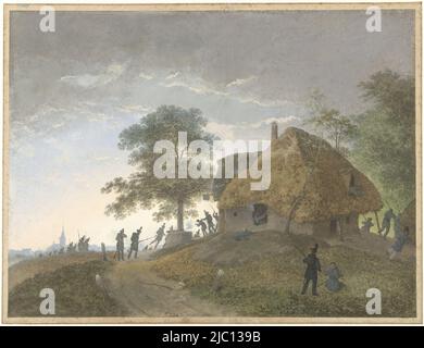 Lutte dans une auberge ou une maison avec un toit de paille sur une colline, dessinateur: Josephus Augustus Knip, dessinateur: Matthijs Dirk Knip, 1787 - 1847 et/ou 1785 - 1845, papier, brosse, h 396 mm × l 518 mm Banque D'Images