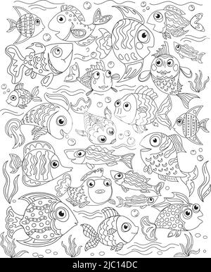 Page de coloriage anti-stress à motif caniche avec contour joli poisson. Page de coloriage pour adultes et enfants Illustration de Vecteur