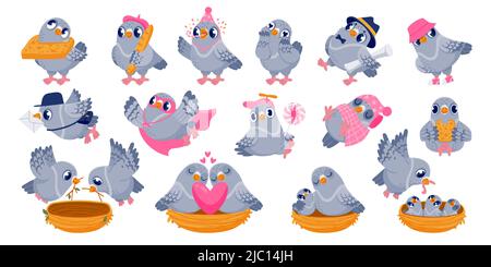 Personnages Pigeon. Caricature des oiseaux drôles assis ensemble et communiquant, établissant le nid et ayant un conflit. Ensemble d'interactions entre animaux de pigeon vecteur Illustration de Vecteur