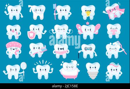 Dents avec face. Caricature dentaire santé et soins personnages amusants, mascotte de dent avec visage heureux pour affiches et bannières de dentisterie. Ensemble vectoriel isolé Illustration de Vecteur