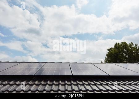 Système solaire moderne pour photovoltaïque sur le toit de la maison devant un arbre vert et un ciel bleu avec des nuages blancs Banque D'Images