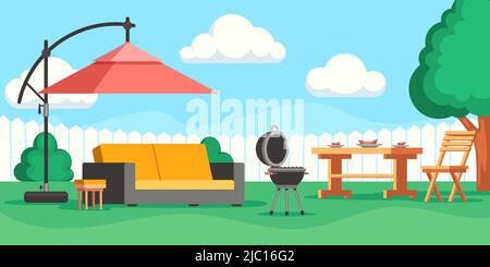 Patio. Jardin d'été animé avec salon, mobilier d'extérieur et barbecue, terrasse extérieure ou véranda. Illustration vectorielle Illustration de Vecteur