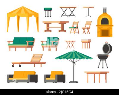 Mobilier de jardin. Chaise de jardin en bois de dessin animé, table et canapé, salon icônes de la terrasse extérieure, parasol et barbecue. Ensemble vectoriel isolé Illustration de Vecteur