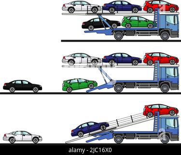 Illustration détaillée des transporteurs automobiles sur fond blanc, de style plat, dans différentes positions. Illustration de Vecteur