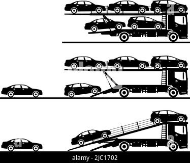 Illustration de la silhouette des véhicules de transport sur fond blanc et de style plat dans différentes positions. Illustration vectorielle. Illustration de Vecteur