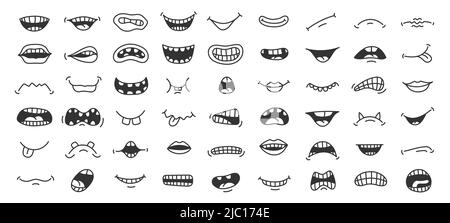 Doodle bouche. Drôle de dessin animé pop art sourire colère et effrayant visage expression avec les dents et la langue. Ensemble de mouths isolés dessinés à la main Illustration de Vecteur