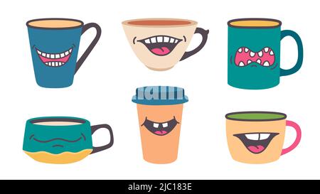 Tasse avec sourire. Tasse Doodle avec l'émotion de bouche smiley, drôle tasse de thé pop art caractère. Vector cappuccino café mignon mascotte collection isolée Illustration de Vecteur