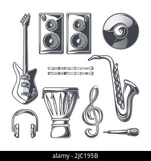 Icônes de musique jeu noir avec guitare microphone batterie illustration vectorielle isolée Illustration de Vecteur