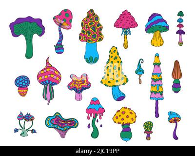 Champignons de couleur psychédélique. Doodle toadstool amanita chanterelle fantasy hallucinogène clip art, fée hippie plantes forestières. Ensemble de vecteurs Illustration de Vecteur