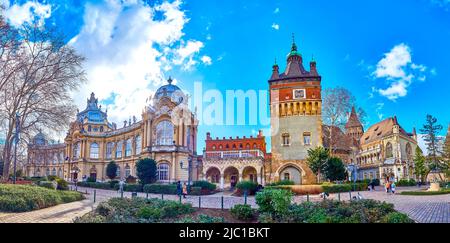 BUDAPEST, HONGRIE - 23 FÉVRIER 2022 : Panorama du complexe du château de Vajdahunyad, sur 23 février à Budapest, Hongrie Banque D'Images