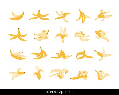 Peau de banane. Modèle de déchets organiques de dessin animé, couleur jaune peau plate de banane, nourriture saine et le concept d'échec de régime. Déchets de fruits vectoriels isolés Illustration de Vecteur