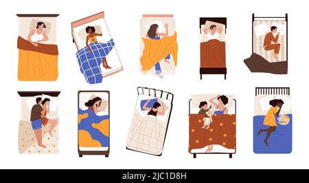 Personnes sous couverture. Personnages de dessins animés dormant dans leur lit dans différentes poses, jeunes adultes et personnes âgées couché rêvant et se reposant. Vecteur Illustration de Vecteur