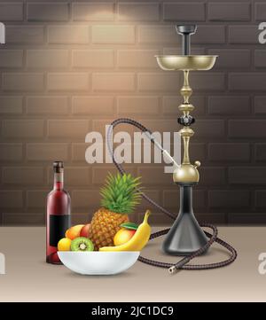 Vecteur grand Nargile pour fumer du tabac avec long tuyau de nargua, bouteille de vigne, ananas, banane, kiwi dans un bol sur fond de mur de brique Illustration de Vecteur