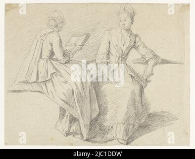 Studieblad avec deux filles assises, dont une lit un livre, Studieblad avec deux filles assises, dessinateur: Michel Barthélémy Ollivier, (éventuellement), 1722 - 1784, papier, h 178 mm × l 234 mm Banque D'Images