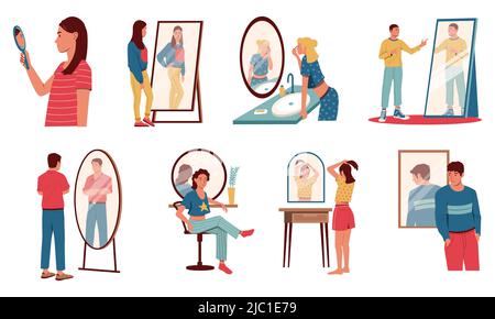 Les gens regardent dans le miroir. Personnages de dessins animés voyant des réflexions d'eux-mêmes, concept de personne égoïste ou narcissique, homme et femmes fiers et acceptent Illustration de Vecteur