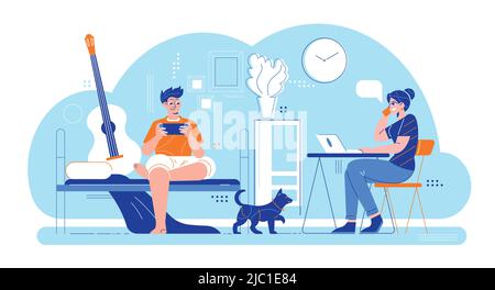 Homme femme composition quotidienne de routine avec maison intérieur salon décor et couple aimant avec illustration de vecteur de chien Illustration de Vecteur