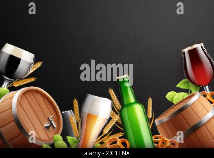 Composition réaliste de fond de bière avec espace vide entouré de verres de bière bouteilles barils et plantes de houblon illustration vectorielle Illustration de Vecteur