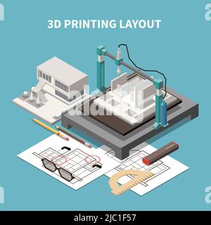 Composition isométrique d'architecte avec texte et images de la mise en page d'impression 3D avec documents de projet et illustration vectorielle de bâtiment Illustration de Vecteur