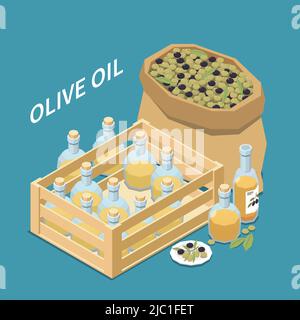 Production d'olives composition isométrique avec poche d'olives en sac et bouteilles en verre d'huile en boîte illustration vectorielle Illustration de Vecteur