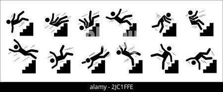 L'homme du bras tombe. Pictogrammes de silhouette noire des personnes tombant de l'escalier et de l'échelle, des personnes épuisées et fatiguées. Ensemble de vecteurs Illustration de Vecteur