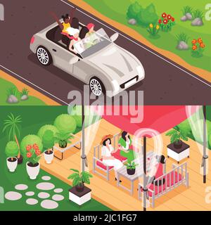 Isométrique femmes amis bannières horizontales ensemble avec extérieur paysages voiture et serre avec groupe de femmes illustration vectorielle Illustration de Vecteur