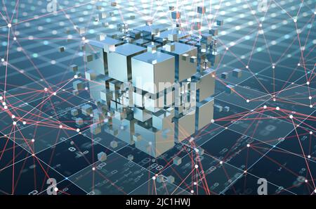 Les blocs carrés hi-tech sont collectés dans un tableau cubique sur le fond des champs d'information. 3d illustration du concept abstrait de la blockchain Banque D'Images