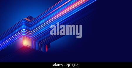 Flux quantique d'informations. Chaînes, faisceaux de flux numérique. Processeur, processeur et boucle de données. Tension, chaleur, surcharge de travail. Illustration du flux néon 3D Banque D'Images