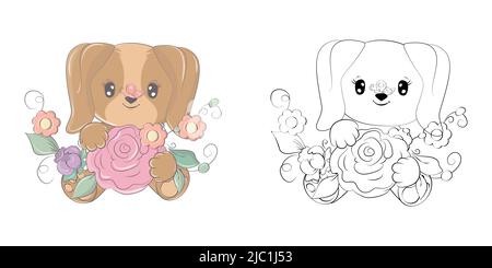 Puppy Clipart pour coloriage page et illustrations multicolores. Chien d'art à pince avec bouquet de grandes fleurs. Illustration d'un animal pour colorier des pages Illustration de Vecteur