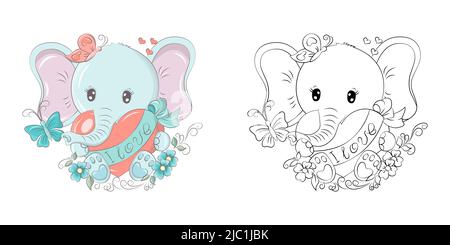 Clipart Elephant multicolore et Noir et blanc. Mignon clip Art éléphant avec un coeur dans ses mâchoires. Illustration vectorielle d'un animal pour les autocollants Illustration de Vecteur