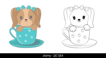 Chien clipart multicolore et noir et blanc. Joli clip Art chien dans une tasse.Vector Illustration d'un animal pour autocollants, douche de bébé, coloriage pages Illustration de Vecteur