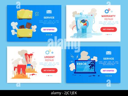 Appareils ménagers cassés gadgets ensemble de composition plate avec garantie de service ou descriptions de réparation urgente illustration vectorielle Illustration de Vecteur