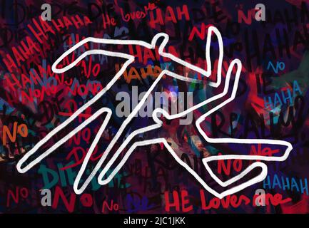 Mur de graffiti violent, contour de caractère, silhouette de scène de crime, art moderne avec graffiti. Peinture noire de gouache d'écriture psychotique, couleur pâle. Banque D'Images