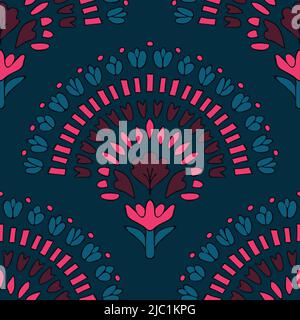 Motif vectoriel sans couture avec éventail de fleurs sur fond bleu. Magnifique papier peint en mosaïque turquoise. Textile tendance décoratif. Illustration de Vecteur
