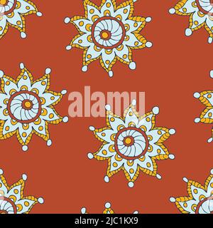 Motif vectoriel sans couture avec fleur en forme d'étoile gitane sur fond marron. Papier peint décoratif à motif fleuri. Textile de mode hippie dessiné à la main. Illustration de Vecteur