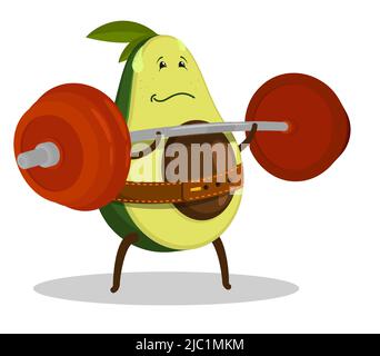 Sports fruit avocats soulève lourde barbell dans la salle de gym. Entraînement d'endurance en salle de sport. Des fruits sains. Caractère vectoriel de dessin animé isolé sur fond blanc Illustration de Vecteur