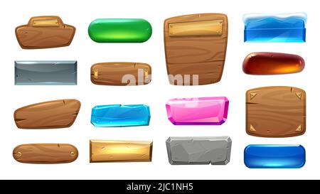 Bouton de jeu de dessin animé. Éléments et bannières de cadre de menu d'interface en verre et métal surgelé en bois. Collection d'interfaces utilisateur vectorielles à panneaux rectangulaires isolés Illustration de Vecteur