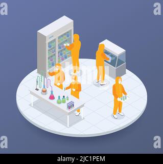 Production pharmaceutique composition isométrique de plate-forme ronde avec des personnages scientifiques et des tubes à essai avec illustration vectorielle de liquides colorés Illustration de Vecteur