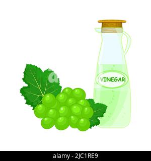 Raisin vert et bouteille de vinaigre.vinaigre de cidre de fruits dans un pichet en verre.Ingrédients pour l'alimentation.verseuse d'essence balmy aromatisante.vinaigre de cidre dans un pichet en verre Illustration de Vecteur