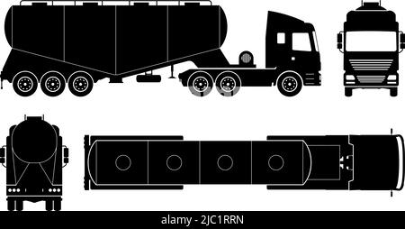 Silhouette de camion-citerne en vrac sec sur fond blanc. Les icônes monochromes du véhicule définissent la vue latérale, avant, arrière et supérieure Illustration de Vecteur