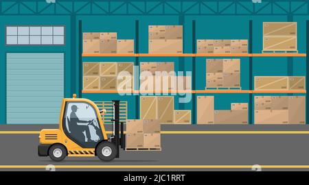 L'intérieur de l'entrepôt avec les colis sur le rack et l'employé au travail. Opérations de chargement dans l'entrepôt à l'aide de l'illustration du vecteur du chariot élévateur à fourche dans les méplats Illustration de Vecteur