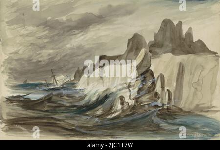 Feuille 3 recto d'un carnet de croquis avec 33 feuilles, bateau à voile sur une mer orageux près d'un affleurement rocheux, dessinateur: Johannes Tavenraat, 1840, papier, pinceau Banque D'Images