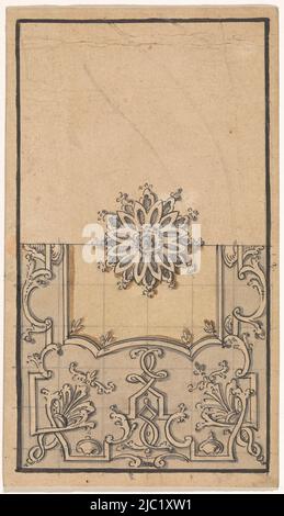 Champ rectangulaire avec au milieu une rosette et sur une moitié de large bordure de bande autour d'un milieu jaune, conception pour une tessellation, peut-être pour les textiles., champ rectangulaire avec au milieu une rosette, dessinateur: Anonyme, Paris, c. 1700 - c. 1725, papier, brosse, stylo, h 111 mm × l 194 mm Banque D'Images