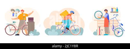 Bicycle 3 compositions plates avec pièces de rechange accessoires magasin vendeur réparateur service de coursier de vélo illustration vectorielle de livraison Illustration de Vecteur