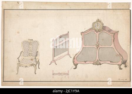 Un fauteuil, un pare-feu avec vue sur le dessus et un cartonnier avec pendule. Indication de taille le long du fond, fauteuil, écran de feu et cartonnier., rapporteur pour avis: Anonyme, Paris, 1751, papier, stylo, brosse, h 288 mm × l 441 mm Banque D'Images