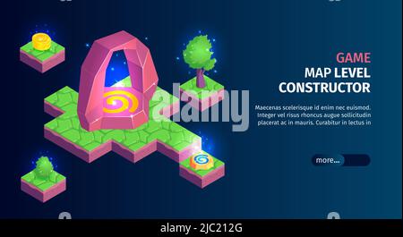 Bannière horizontale de paysage de jeu isométrique avec texte modifiable plus de boutons et de plates-formes avec illustration vectorielle de constructeur de carte de jeu Illustration de Vecteur