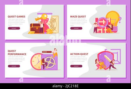 Jeu Quest plat 4x1 jeu de bannières horizontales avec texte modifiable connecter des boutons et l'illustration vectorielle d'images doodle Illustration de Vecteur