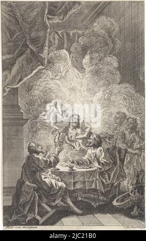 Christ à une table avec deux disciples. Il est reconnu par la bénédiction du pain et disparaîtra sous les yeux des disciples. Imagination du texte de la Bible : Luc. 24: 30., repas à Emmaüs, imprimerie: Bernard Verschoot, (mentionné sur l'objet), après: Matthias de Visch, (mentionné sur l'objet), 1738 - 1783, papier, gravure, h 265 mm × l 177 mm Banque D'Images