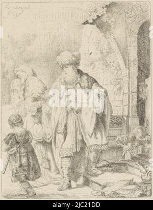 Abraham envoie Hagar et Ismaël loin. Hagar couvre son visage. Dans le porche de la maison se trouve la Sarah souriante avec son fils Isaac., Abraham rejette Hagar et Ismael, imprimeur: Martinus Johannes Cornelis Weegenaar, (mentionné sur l'objet), Rembrandt van Rijn, (mentionné sur l'objet), Den Bosch, 1637 et/ou 1866, papier, gravure, h 130 mm × l 98 mm Banque D'Images