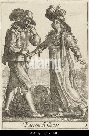 Paysage avec un couple paysan habillé à la mode de Gênes, Italie. Le couple tient les mains et est représenté l'un face à l'autre sur toute la longueur. L'homme porte des culottes de genou et doublet, sa tête ornée d'un chapeau plumé. La femme est habillée dans une robe simple et porte un chapeau à large bord, également avec panache. L'imprimé fait partie d'une série de douze tirages représentant des costumes italiens, couple paysan habillé selon la mode génoise Paesani di Gênes (titre sur objet) costumes d'Italie (titre de la série), Pieter Lastman, imprimeur: Anonyme, éditeur: Covens & Mortier, Amsterdam, 1720 Banque D'Images